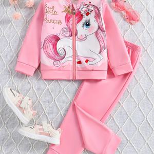 귀여운 유아 소녀 2pc 러블리 유니콘 공주 그래픽 지퍼 자켓 + 조깅 바지 세트 아동복 봄 가을 선물