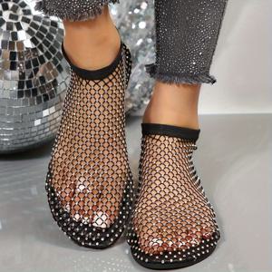 여성용 라인스톤 장식 플랫 샌들, 캐주얼 홀로우 아웃 디자인 신발, 통기성과 편안한 신발