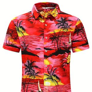 여름 휴양지 휴가를 위한 신상 해변 일몰 패턴 디자인 남성 패션 반팔 버튼 다운 라펠 하와이안 스타일 셔츠