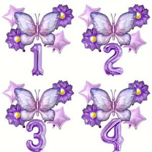 보라색 꽃 나비 테마의 32인치 퍼플 디지털 생일 파티 장식 풍선 6개 세트, 기념일 축하 분위기 장식용 풍선 공급품