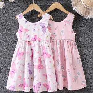 소녀들을 위한 소매 없는 드레스 세트 2개, 핑크색 꽃과 나비 프린트 캐주얼 썬드레스, 귀여운 스타일, 봄/여름에 완벽한 트윈 팩