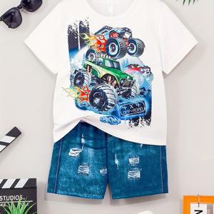 2pcs 소년 캐주얼 오프로드 차량 인쇄 다목적 반팔 티셔츠 & 모조 데님 반바지 세트, 시원하고 가볍고 편안한 여름 옷