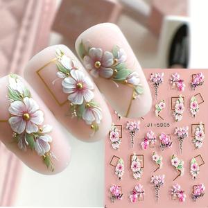 여성을 위한 이스터 봄 네일 아트 장식품으로 핑크와 화이트 꽃과 잎, 벚꽃이 그려진 5D 꽃 네일 스티커를 사용해보세요.
