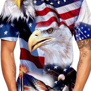 이글 아메리칸 플래그 디지털 프린트 남성 반팔 티셔츠, 캐주얼 크루 넥 그래픽 티 루즈웨어 파자마 상의, 여름을 위한 애국적인 상의