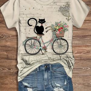 Cat & Bicycle 프린트 티셔츠, 봄과 여름을 위한 캐주얼 크루 넥 반팔 상의, 여성 의류
