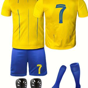 아동용 4개 축구복 세트, 파란색 셔츠 1개, 노란색 반바지 1개, 양말 1켤레, 보호 장비 1개