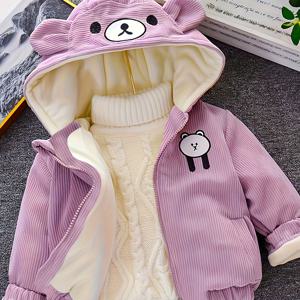 새로운 어린이 따뜻한 코튼 패딩 겨울 두꺼운 코트 귀여운 곰 모양 아기 코듀로이 후드 지퍼 UpJacket