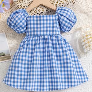 봄/여름 야외 파티를 위한 베이비 걸 블루 체크 드레스 버블 소매 프린세스 드레스