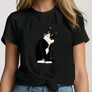 여성 캐주얼 라운드넥 반팔 티셔츠, 독특한 검은 고양이 프린트, 베이직 스타일, 부드러운 촉감