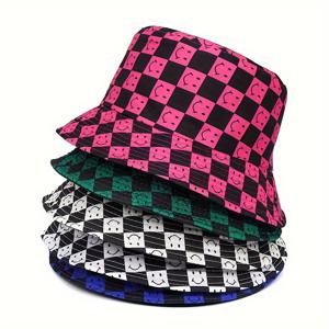 얼굴이 있는 체커보드 낚시꾼 모자, 남녀 공용 야외 자외선 차단 버킷 모자, 여름 플레드 햇캡, 통기성 패션 모자