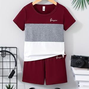 소년 컬러 블록 캐주얼 복장 라운드 넥 티셔츠 & 반바지 아동 여름 의류 세트