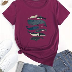 플러스 사이즈 캐주얼 티셔츠, 여성용 플러스 귀여운 해양 동물 프린트 반팔 라운드 넥 약간의 스트레치 티셔츠