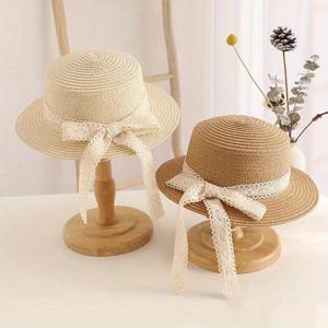 어린이용 여름용 자외선 차단 모자, 귀여운 레이스 리본이 달린 평평한 모자끈, 야외 비치용 공주 모자