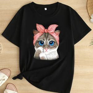 플러스 사이즈 카툰 고양이 프린트 티셔츠, 캐주얼 크루 넥 반팔 티셔츠, 여성 플러스 사이즈 의류