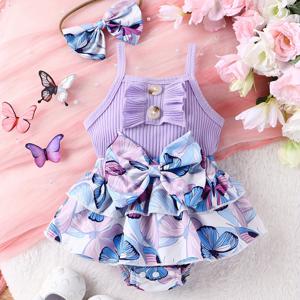 아기의 나비 무늬 삼각형 바디수트, 세련된 리브 슬리브리스 레이어드 롬퍼 드레스, 유아 및 유아용 여아 원피스, 여름용 선물로