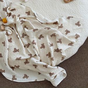 부드럽고 귀여운 더블 레이어 면사 곰 인쇄 아기 담요, 포대기 및 목욕 타월