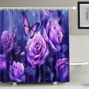 욕실 용 1pc 방수 샤워 커튼, 단일 저렴한 샤워 커튼 패브릭, 수채화, 보라색 나비 꽃 샤워 커튼, 욕실 파티션, 룸 장식