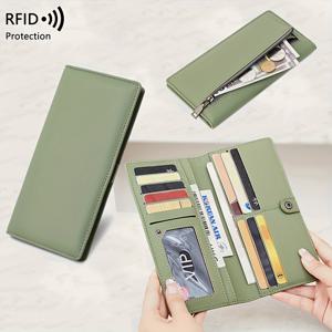 RFID 도난 방지 PU 휴대용 더블 폴드 울트라 얇은 롱 지갑 멀티 카드 가방 다기능 지퍼 버클 간단한 동전 지갑