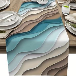 1개, 추상적인 기하학적 테이블 러너, 청록색 갈색 그라데이션 파도 디자인, 폴리에스터 드레서 스카프, 해변 테마 주방 다이닝 장식품