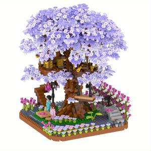 2200개 DIY 보라색 사쿠라 나무 집 벚꽃 모델 빌딩 블록, 할로윈/추석/크리스마스 선물