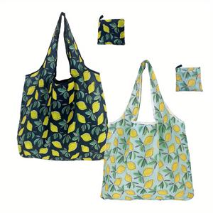 2개 레몬 무늬 재사용 가능 식료품 봉지, 접이식 및 기계 세척 가능, 대형 토트 봉지, 경량 쇼핑 봉지