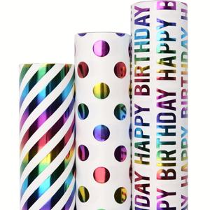3 롤, 생일 포장지 롤 17inch X 10 Ft /43cm X 3m, 선물 포장지 미니 롤, 생일을 위한 3가지 다채로운 디자인, 선물 포장지