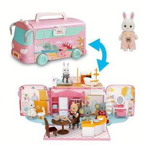 이동식 캠핑카 RV 장난감 세트 역할놀이 장면 장난감 작은 동물 토끼 인형 미니 캐빈 가족 장난감 부활절 선물