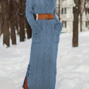 터틀넥 케이블 니트 스웨터 드레스, 우아한 롱 슬리브 솔리드 드레스, 여성 의류