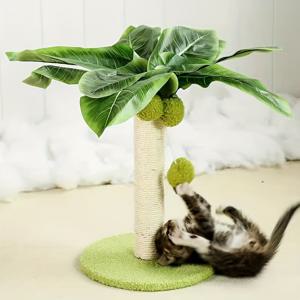 고양이 긁는 포스트, 녹색 잎 디자인 사이 잘삼 밧줄로 나무를 등반하는 고양이, 봉제 장난감 공을 매달아 안정적인 실내 고양이 발톱 긁는 도구 장난감