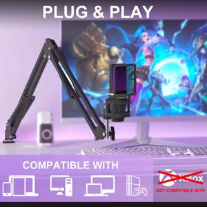 ZealSound 전문 USB 게임용 마이크 키트, 붐 암 및 RGB 조명이 포함된 팟캐스트 콘덴서 마이크, 스트리밍, PC, 컴퓨터용 플러그 앤 플레이 마이크(검은색)