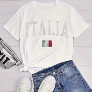 여름과 봄을 위한 플러스 사이즈 이탈리아 국기 프린트 티셔츠, 반팔 크루 넥 캐주얼 탑, 여성용 플러스 사이즈 의류