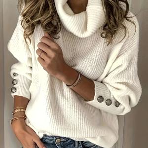 솔리드 컬러 터틀넥 풀오버 스웨터, 캐주얼 버튼 롱슬리브 스웨터 가을 & 겨울, 여성 의류