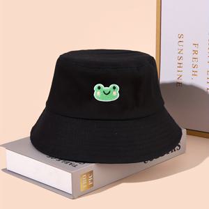 개구리 자수 귀여운 양동이 모자 단색 만화 분지 모자 캐주얼 선 스크린 어부 모자