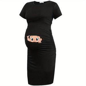 여성 임산부 귀여운 만화 인물 그래픽 프린트 드레스, 여름용 짧은 소매 드레스 슬림 핏, 임신부 의류