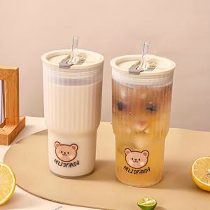 큐트한 곰 디자인의 650ml 대용량 플라스틱 물컵, 성인과 학생을 위한 방수 이동용 커피 텀블러, 지름 3.54인치, 높이 6.9인치