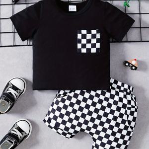 2개의 유아 및 영아용 멋진 체크무늬 패턴 여름 세트, 티셔츠 및 신축성 있는 허리 반바지, 아기 남아 의류