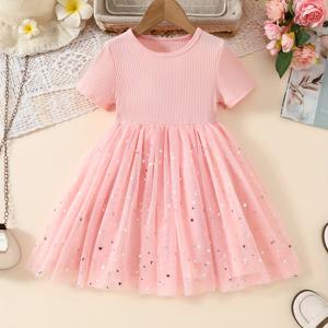 베이비/유아 여아용 편안한 반짝임이 있는 반팔 프린세스 메쉬 드레스, 여름 옷, 선물, 파티, 생일