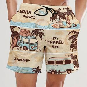 남성 트렌디 만화 코코넛 나무 자동차 패턴 프린트 액티브 반바지, 여름 해변 리조트용 끈 달린 비치 반바지, 하와이 반바지