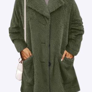 플러스 사이즈 캐주얼 코트, 여성용 플러스 솔리드 테디 플리스 버튼 업 포켓이 있는 긴 소매 옷깃 칼라 튜닉 코트