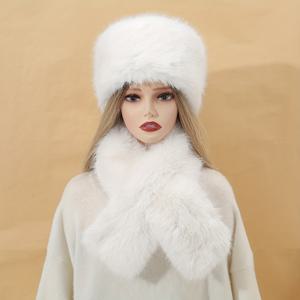 2pcs/set 푹신한 스카프 모피 모자 단색 인조 모피 크로스 타이 스카프 두꺼운 세면대 모자 플러시 비니 여성용 겨울 야외용