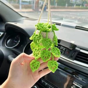 귀여운 크로셰 식물로 자동차의 스타일을 업그레이드하세요 자동차 거울 장식품 걸이 액세서리 - 자동차 애호가를 위한 완벽한 선물!