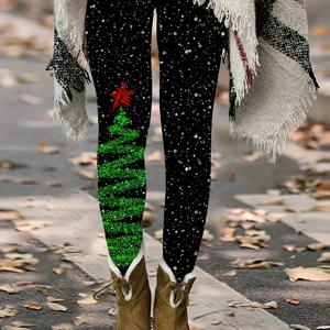 플러스 사이즈 크리스마스 레깅스, 여성용 플러스 크리스마스 트리 & 눈송이 프린트 신축성 있는 하이 라이즈 미디움 스트레치 레깅스