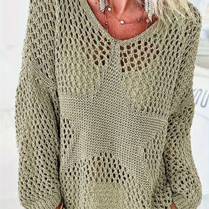 플러스 사이즈 캐주얼 스웨터, 여성용 플러스 별 패턴 크로셰 뜨개질 긴 소매 V 넥 풀오버 점퍼