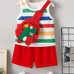 2pcs 소년 창의적인 무소매 다채로운 줄무늬 탱크 탑 & 단색 반바지 & 가방 세트, 캐주얼 크루 넥 피트니스 조끼&반바지, 어린이 의류