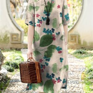 플러스 사이즈 식물 프린트 드레스, 캐주얼 크루 넥 반소매 드레스, 여성 플러스 사이즈 의류