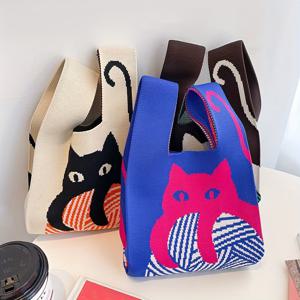 카툰 고양이 니트 핸드백, 귀여운 컬러블록 크로셰 가방, 여성용 짠 토트 손목 가방