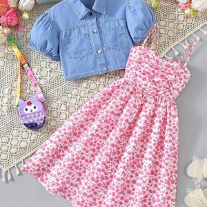 여자 아동용 2단지 퍼프 소매 데님 상의 + 꽃무늬 캐미 드레스 세트 귀여우면서도 편안한 여름 옷