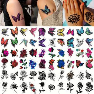 여성, 아가씨 및 소녀들을 위한 일시적 타투 스티커 60장(20장 3D 나비 + 20장 3D 다채로운 꽃 + 20장 검은 꽃)