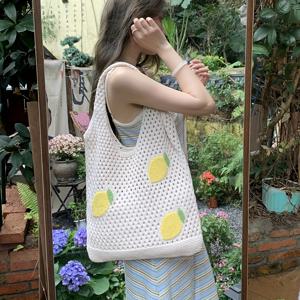 여름 레몬 패턴으로 짠 어깨 가방, 완벽한 해변 토트백, Y2K 스타일의 빈틈 가득한 지갑, 대용량이면서 가벼운 쇼핑백, 여성들에게 좋은 선물