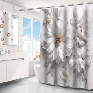 1개, 꽃 패턴 방수 샤워 커튼, 현대 꽃무늬 디자인, 욕실 장식, 기계 세탁 가능, 후크 포함, 청소 용이